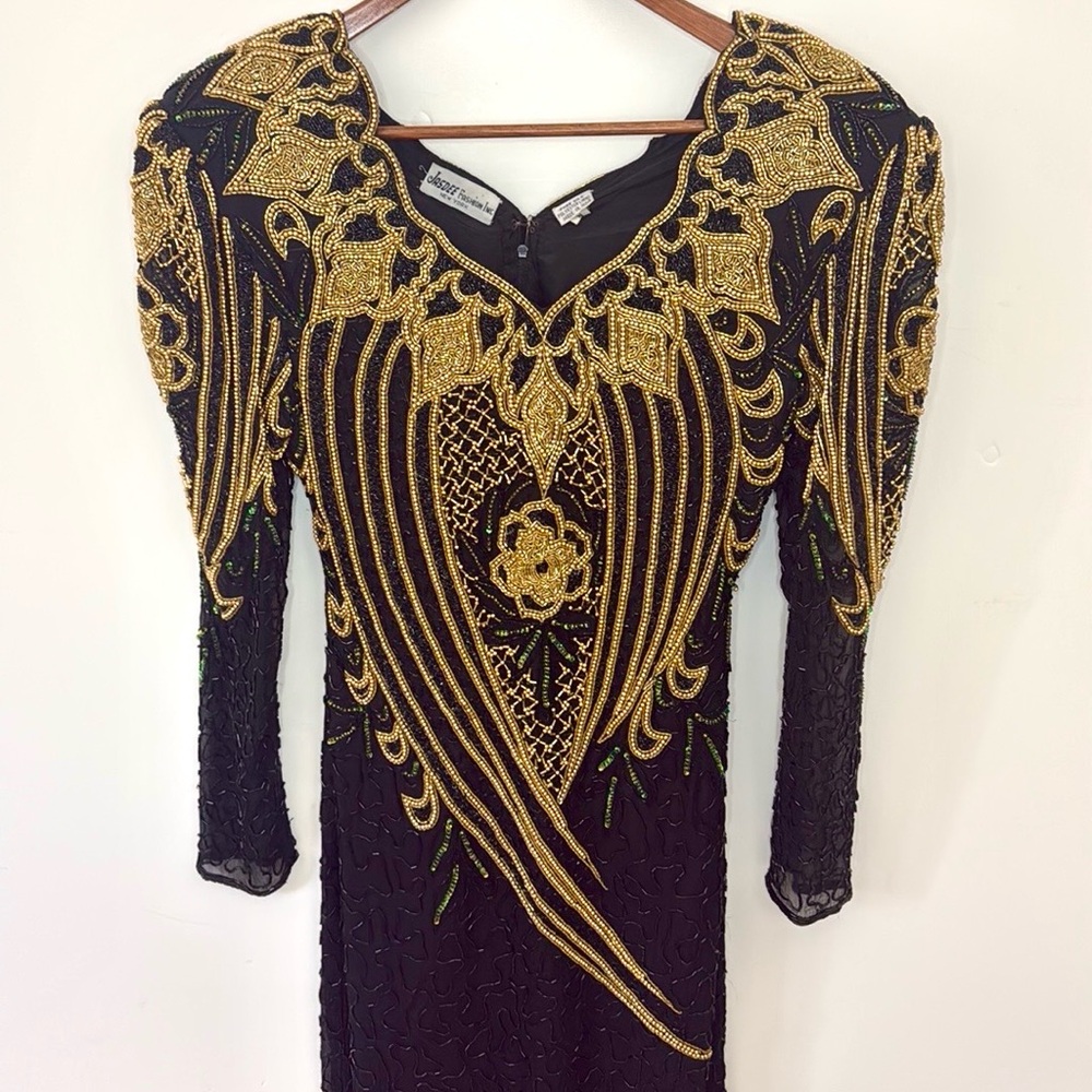Vintage Gold & Black Beaded Silk Gown Formal Special Occasion Sz S